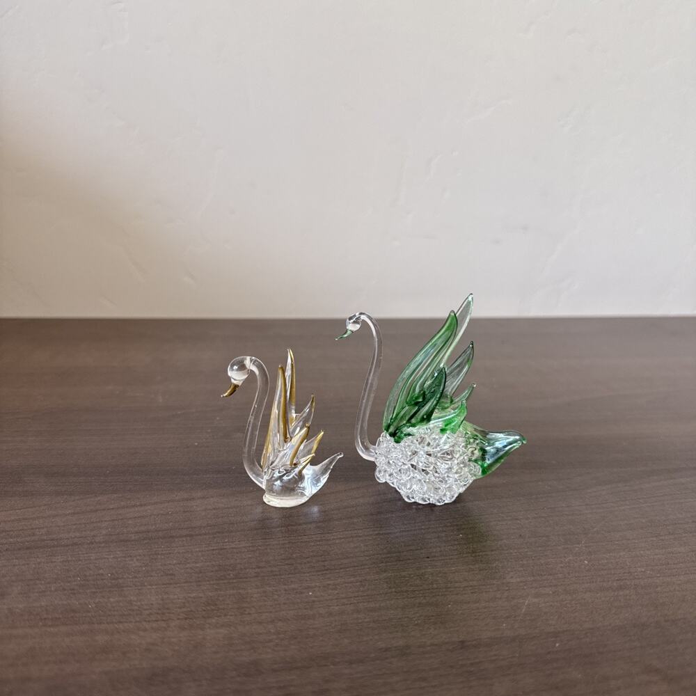 VINTAGE Glass Hand Spun Clear Green‎ Gold Swan Trinket Figurines Miniatures SET